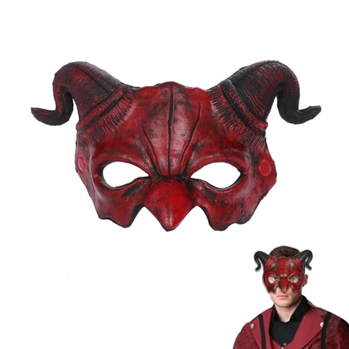 Zhlearda Halloween Dämonenmaske, Horror Halbgesicht Maske, Rot Halbgesicht Widder Horn Teufel Maske, Teufelsmaske Halloween, Schaum Halbmaske Dämon, Faschingsmasken für Halloween Cosplay Kostüm von Zhlearda