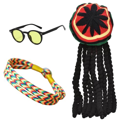 ZhongShuang 3-teiliges Rasta-Set, Rasta-Hut mit schwarzer Dreadlock-Perücke, Brille, geflochtenes Armband, lustige Hüte für Erwachsene, lustige Perücke, Karibik-Kostüm, für Partys, Cosplay, Maskerade von ZhongShuang