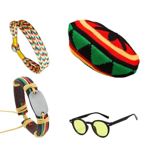 ZhongShuang 4-teiliges Rasta-Set, Rasta-Hut, Brille, geflochtenes Armband, lustige Hüte für Erwachsene, Rasta-Kostüm, lustige Perücke, karibisches Kostüm für Partys, Cosplay, Maskerade von ZhongShuang