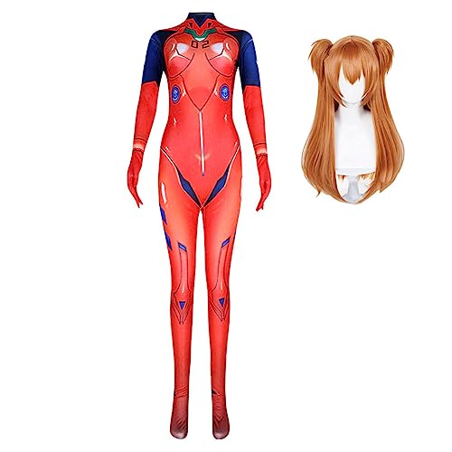 Zhongkaihua Anime Asuka Langley Soryu Damen Bodysuit Cosplay Kostüm Cartoon Gedruckt Jumpsuits Dehnbare Strumpfhosen Perücke Hut Set für Karneval Halloween von Zhongkaihua