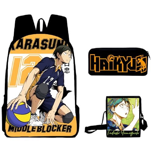 Zhongkaihua Haikyuu!! Rucksack, Federmäppchen und Umhängetasche, 3-teiliges Set, geeignet für Schüler, Schulranzen, 3 Sets, einschließlich Shoyo Hinata Anime bedruckter Rucksack, Cartoon-Federtasche, von Zhongkaihua