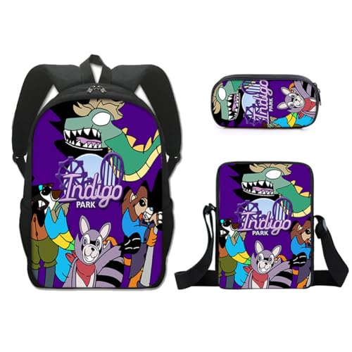 Zhongkaihua Indigo Park 3-teiliges Rucksack-Set für Schüler, Schulsaison, Geschenk, Indigo-Park, Waschbär-Tiere, Schultasche, Schultertasche, Umhängetasche, Federmäppchen, 3-in-1-Büchertaschen-Sets, von Zhongkaihua