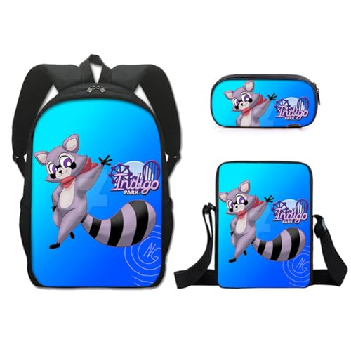 Zhongkaihua Indigo Park 3-teiliges Rucksack-Set für Schüler, Schulsaison, Geschenk, Indigo-Park, Waschbär-Tiere, Schultasche, Schultertasche, Umhängetasche, Federmäppchen, 3-in-1-Büchertaschen-Sets, von Zhongkaihua