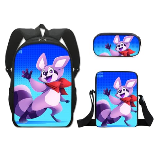 Zhongkaihua Indigo Park 3-teiliges Rucksack-Set für Schüler, Schulsaison, Geschenk, Indigo-Park, Waschbär-Tiere, Schultasche, Schultertasche, Umhängetasche, Federmäppchen, 3-in-1-Büchertaschen-Sets, von Zhongkaihua