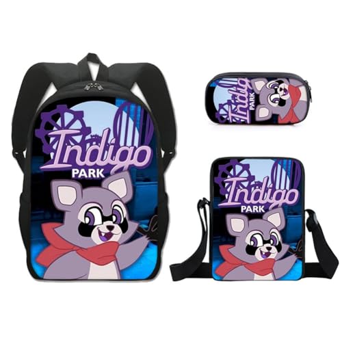 Zhongkaihua Indigo Park 3-teiliges Rucksack-Set für Schüler, Schulsaison, Geschenk, Indigo-Park, Waschbär-Tiere, Schultasche, Schultertasche, Umhängetasche, Federmäppchen, 3-in-1-Büchertaschen-Sets, von Zhongkaihua