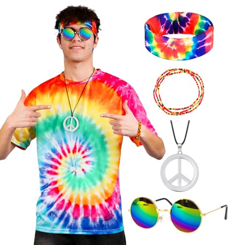 Zhulybowei Hippie Kostüm Herren L 60er 70er Jahre Outfit Herren Damen,Hippie Kostüm Männer Hippie Tshirt Damen von Zhulybowei