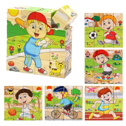 12×12cm Bewegung Würfelpuzzle Holz, mit 16 Würfel Holzspielzeug, für Kinder ab 3 Jahren, 3D Würfelpuzzle Puzzlespiele, Montessori Spielzeug, Lernspielzeug für Jungen und Mädchen von Zhuporn