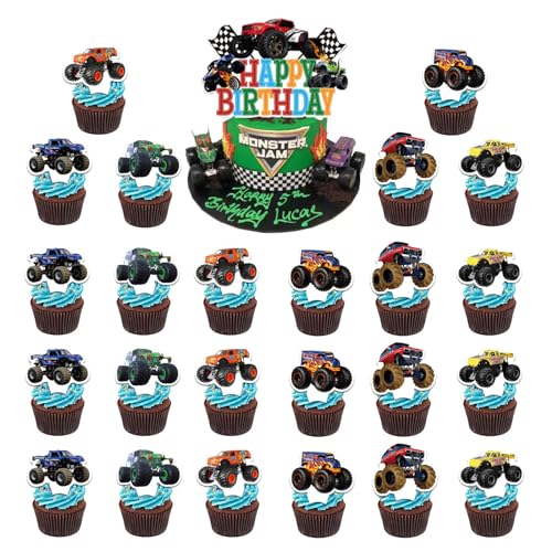 25 Monster Truck Cupcake Tops, Auto Tortendeko, Happy Birthday Cake Topper, Monster Trucks Geburtstag Dekoration, Monster Truck Thema Kuchen Dekoration, Baby Party Dekoration von Zhuporn