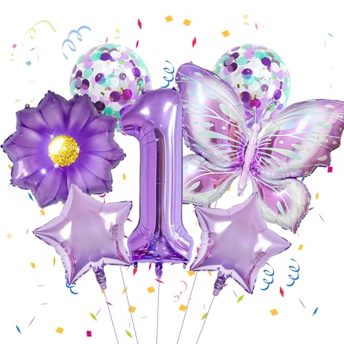 Schmetterlinge Deko 1. Geburtstag Mädchen, Schmetterling Folienballon, Zahlen 1. Geburtstag Deko Lila Ballon, Mädchen Happy Birthday Blumen Stern Luftballons, Ballon Deko für Kinder Mädchen von Zhuporn