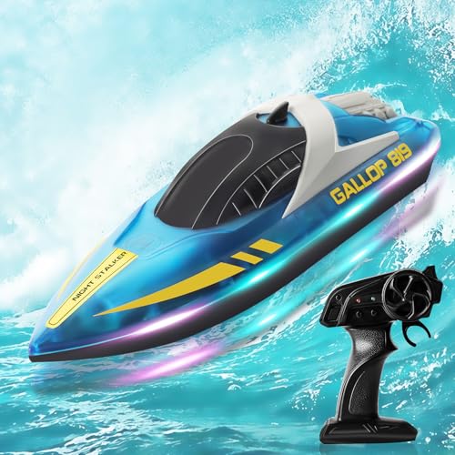 Zhwidnerso Ferngesteuertes Boot mit LED-Licht, 2,4-GHz RC Boot, Nie-Kentern Boot Ferngesteuert, 9.3MPH Speedboot, 120 Minuten Spielzeit Motorboot, für Kinder ab 8 Spielzeug, Seen, Pools, Erwachsene von Zhwidnerso