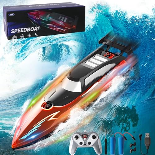 Zhwidnerso Ferngesteuertes Boot mit LED-Licht, 2,4-GHz RC Boot mit 2 Batterien, Nie-Kentern Boot Ferngesteuert, 50km/H Speedboot, Rennboot Geeignet für Kinder, Erwachsene, Seen, Poolspielzeug von Zhwidnerso