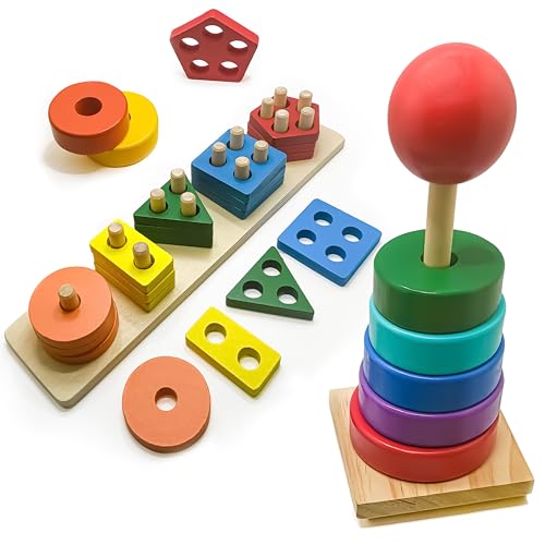 Zibby | Montessori-Spielzeug 1 2 Jahre | Spielzeug für Kinder 1 2 Jahre | Lernspiele für Kinder 1 2 Jahre Holz zum Stapeln und Zusammenfügen 2 in 1 | 1 Jahr Babygeschenk von Zibby