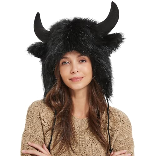 Büffelhut | Buffalo Hat With Horns - Eltomes Winter Plüsch Warm - Pelzhut Tierhut für Männer und Frauen Geschenk für Tier Cosplay Festival Theme Party Outdoor Ad von Ziennhu