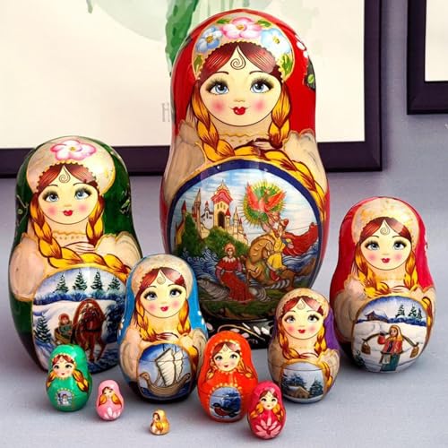 Ziennhu Matroschka-Puppen, 10 Stück stapelbare Puppen, handgefertigt, russisches Spielzeug, pädagogisches Spielzeug, dekorative russische Puppen, für Sammler von Ziennhu