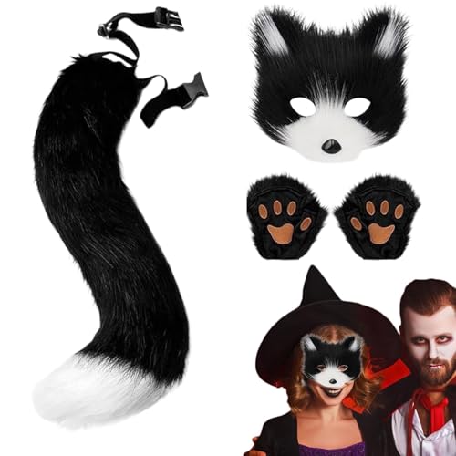 Ziennhu Wolf Cosplay Kostüm, Katzenschwanz Handschuhe Set, Kunstpelz Wolf Kostüm, Tierschwanz Cosplay Kostüm, Halloween Maskerade von Ziennhu