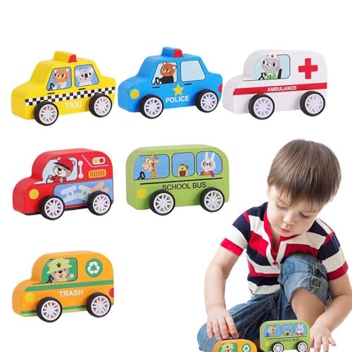 Zugfahrzeug für Auto, 6-teilig, Rettungsauto, Modell Ziehwagen | Push and Go Auto Spielzeug aus buntem Holz, interaktives Spielzeug für und Mädchen, Jahr von Ziennhu