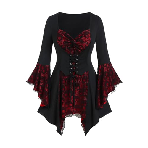 Zilosconcy Piratenkostüm Damen Mittelalter Gothic Steampunk Kleidung Wikinger Korsett Bluse Schleifenhemd Stehkragen Halloween Karneval Cosplay Hemd Retro Kostüm von Zilosconcy