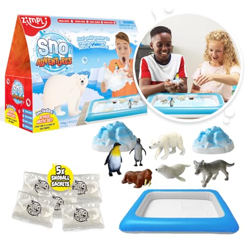 Zimpli Kids Sno Adventures Arctic Pack, 5 Use Pack, 8 x Arktische Figuren, aufblasbares Tablett, fantasievolles sensorisches Spielset, Kinder sensorisches Spielzeug für drinnen und draußen, imaginäres von Zimpli Kids