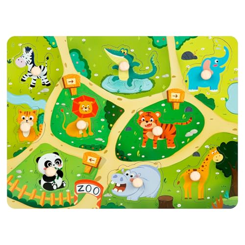 Wooden Puzzle 1 Year, Puzzle Wood from 1 Year, Puzzle from 1 Year 2 3 Years, Toy from 1 Year Grabbing Puzzle Wooden Toy, Montessori Toy with Jungle Animals for Boys and Girls von Zimuty