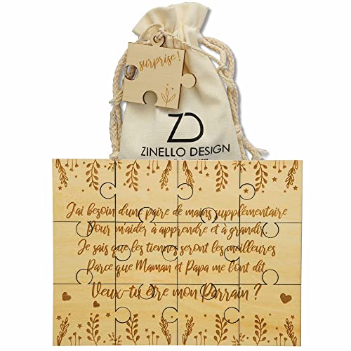 ZINELLO DESIGN - Puzzle aus Holz, Schwangerschaftsankündigung für Paten, originelle und personalisierte Geschenkidee, um Ihre Anfrage zu stellen, Ankündigung zur Geburt des Babys, mit Geschenktasche von Zinello Design