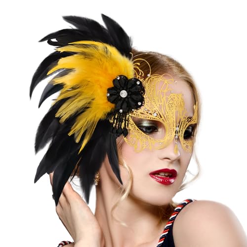 Zinniday Goldene Maskerade-Maske für Frauen – 2025 Venezianische elegante Metallmasken mit Feder und glänzendem Strass für Frauen, Paare, Karneval, Abschlussball, Ball, Halloween, Renaissance-Kostüme von Zinniday