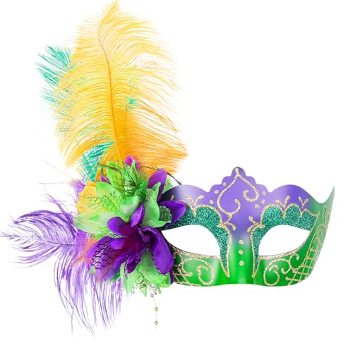 Zinniday Mardi Gras Masken mit Federn – Venezianische Maskerade Masken mit gelben lila grünen Federn, Netzdekorationen für Männer und Frauen, Paare, Abend, Abschlussball, Ball, Party, Weihnachtskostüm von Zinniday