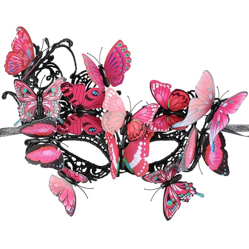 Zinniday Rosa Schmetterling Maskerade Maske - Elf Mysterious Fantasy Schmetterling Maske Spitze Feen Masken für Frauen Lady Paare Halloween Renaissance Cosplay Party 1920er 50er Jahre Fee Party von Zinniday