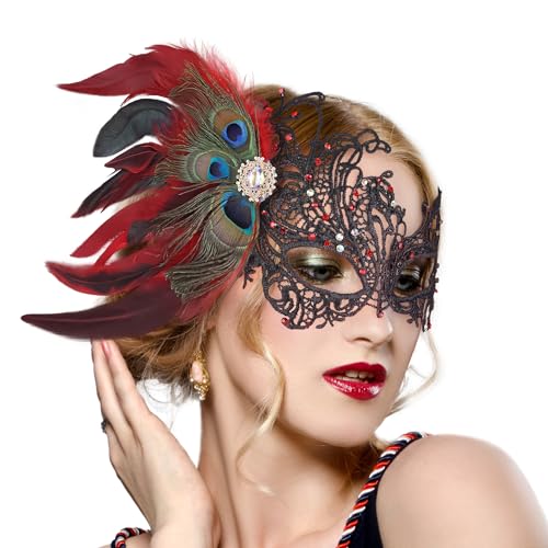 Zinniday Rote Maskerade Masken für Frauen – Handgefertigte Pfauenfeder-Spitzenmaske mit Spitze glänzend Strass venezianische Maske für Frauen, Paare, Karneval, Abschlussball, Ball, Halloween, von Zinniday