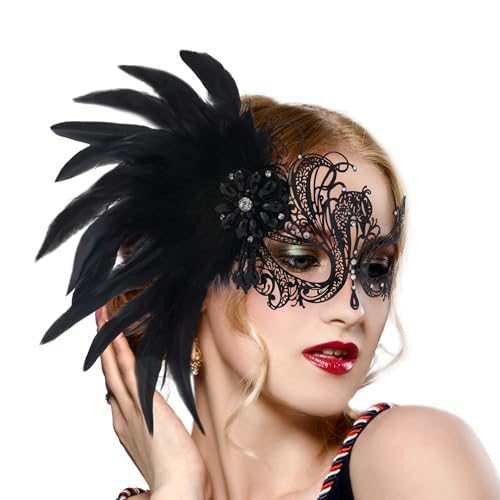 Zinniday Schwarze Maskerade-Maske für Frauen – 2025 venezianische Antike Metallmasken mit glänzendem Strass und Feder für Frauen, Paare, Karneval, Bar, Abschlussball, Ball, hübsches von Zinniday