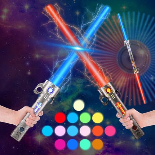 Lichtschwert 2PCS Einziehbares Lichtschwert Kinder mit Soundeffekten 15 Farbe, 2-in-1 Zusammenführbar LED Lichtschwert, Wiederaufladbare Lichtschwert Spielzeug für Erwachsene Cosplay War Fighters von Zinueen