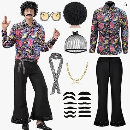 8pcs Herren 80er Jahre Kostüm 70er Retro Kostüm Disco, Hippie Kostüm Set，Dude Paillettenhemd Schlaghose Set mit Hemd Schlaghose Perücke Sonnenbrille Halskette Schnurrbart für Karneval，Party (L) von Zinueen