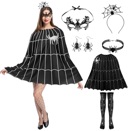 Halloween Kostüm Spinne Set für Damen - 6-teilig mit Maske, Haarreifen, Poncho und Spinnennetz - Karneval Party Dress Up für Erwachsene von Zinueen