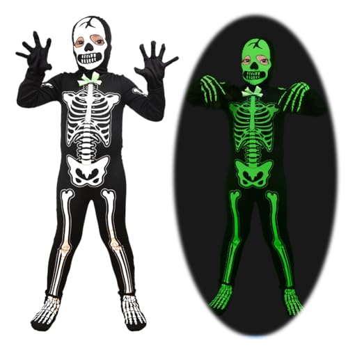 Kinder Skelett Kostüm, Glow in the Dark Skelett-Kostüm für Kinder, Kinder Skelett Outfit für Halloween Karneval von Zinueen