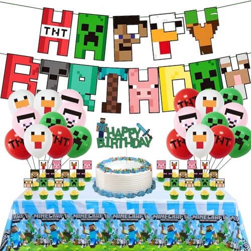 Miner Gamer Thema Party Dekoration 48pcs Miner Deko Geburtstag Gaming Party Luftballons Video Game Partyzubehör zum Geburtstag Deko Luftballons, Happy Birthday Banner, Tischtücher, Kuchendekorationen von Zinueen