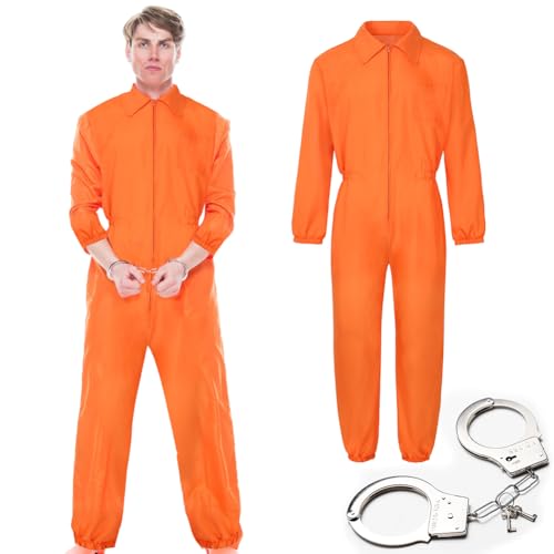 Orangener Overall Gefängnis Kostüm Orange, Prisoner Costume+Handschellen, Sträfling Kostüm Herren Damen, Fancy Dress Costume Cosplay Verbrecher, Gefangener, Insasse für Karneval, Halloween (L) von Zinueen