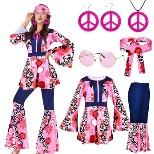 Zinueen 6 Pack 70er Jahre Outfit Damen,Faschingskostüme Damen, Hippie Kleidung Damen Set Boho Flared Pants Tie Dye Stirnband Halskette Ohrringe Perücke für Karnevalskostüme Cosplay (L) von Zinueen