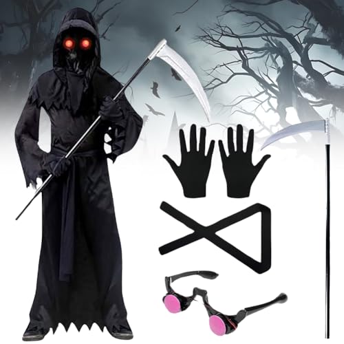 Zinueen Kindersensenmann Kostüm Halloween Karneval Grim Reaper Cosplay mit Waffe, leuchtenden Gläsern und Maske - für Jungen und Mädchen von Zinueen