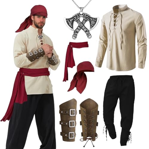 Zinueen Mittelalter Kleidung Herren Set | Renaissance Pirat Viking Kostüm Outfit | Hemd, Hose, Knöchelriemen, Gürtel, Handgelenkschützer (L) von Zinueen