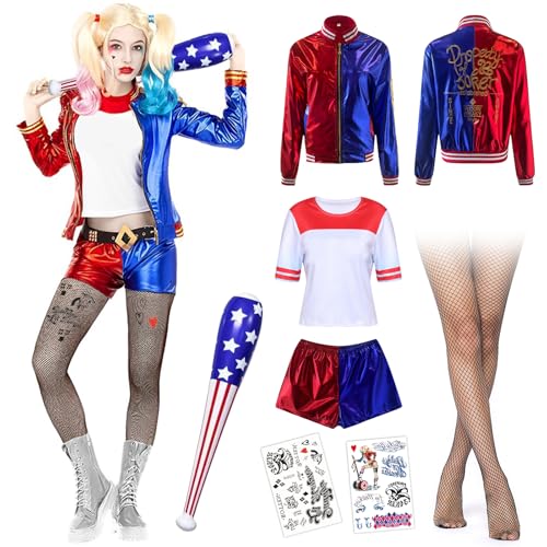 Zinueen Quinn Kostüm Damen Cosplay Kostüme Faschingskostüme Damen Kit mit Baseballschläger Aufblasbar, Temporäre Tattoos, Handschuhe, Jacke, T-Shirt, Shorts, Netzstrümpfe, Harley Kostüm für Erwachsene von Zinueen