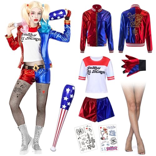 Zinueen Quinn Kostüm Damen Halloween Cosplay Kostüme Kit mit Baseballschläger Aufblasbar, Temporäre Tattoos, Handschuhe, Jacke, T-Shirt, Shorts, Netzstrümpfe, Harley Kostüm für Erwachsene von Zinueen