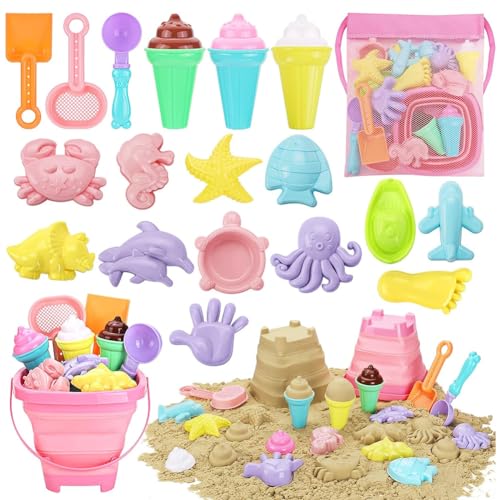 Zinueen Strandspielzeug, 20-teiliges Eiscreme-Sandspielzeug-Set mit zusammenklappbarem Sandeimer und Sandburgen-Kit, Kuchen, Lutscher, Schaufel-Set, Netzbeutel, Reisespielzeug für Mädchen ab 3 Jahren von Zinueen