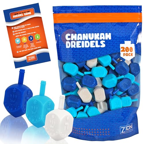 Zion Judaica Hanukkah Dreidels Multi Blau Weiß Medium Dridels Bulk Plastic Drydlech Hebräische Buchstaben und Englische Transliteration w/Traditional Chanukah Game Guide Ziplock Bag Chanukah von Zion Judaica Ltd