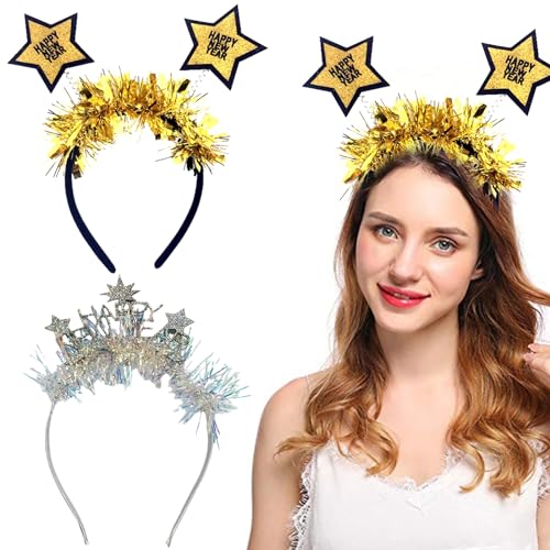 2 Stück Happy New Year Haarreifen, Silvester Haarreif, Silvester Kopfschmuck, Neujahr Stirnband, Silvester Deko Tiara, Happy New Year Stirnband für Silvester Party Haarschmuck Zubehör von Zkaoai