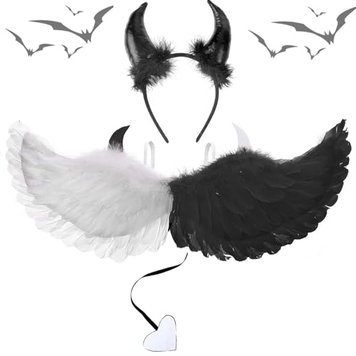 Engelsflügel Schwarz Weiß, Engels Flügel Kostüm, Engel Flügel Schwarz Weiß, Engelsflügel Kostüm, Engel Kostüm mit Teufel Horn, Angel Wings, Federflügel Engel für Halloween Cosplay und Karneval von Zkaoai