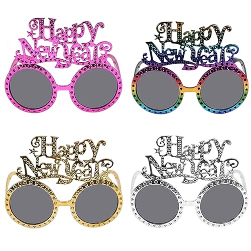 4 Stück Happy New Year Partybrillen, Frohes Neues Jahr Brillen, Glitzer Foto Requisiten Brille, Silvester Brille, Silvester Dekorationen Party Brille Neues Jahr, Foto-Requisiten, Party Mitgebsel von Zkaoai