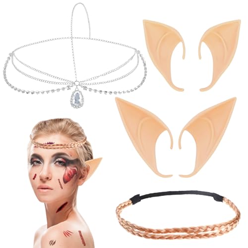 Elfenohren Set, 2 Paar Elfen Kostüm Damen, Elf Ears mit Haarband und Kopfkette, Pixie Ears, Soft Pointed Fairy Ears, Fee Pixie Elfen Ohren, Elfenohren Schmuck für Karneval Cosplay Party Vampir Ohren von Zkaoai