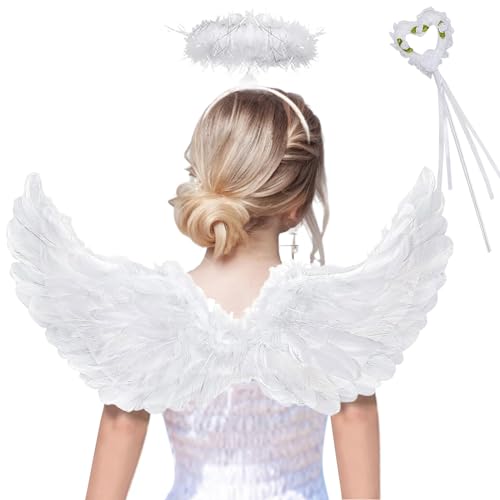 Engelsflügel Weiß, Engels Flügel Kostüm, Engel Flügel Weiß, Engelsflügel Kostüm, Engel Kostüm mit Heiligenschein Engel und Zauberstab, Angel Wings, Federflügel Engel für Halloween Cosplay und Karneval von Zkaoai