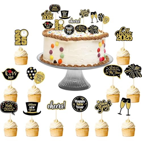 Frohes Neues Jahr Cupcake Toppers, 24 Stücke Frohe Silvester Dekoration 2025, Silvester Tortendeko, Muffin Cake Toppers, Silvester Partydekorationen für Tafelkuchen Dekorationen Silvester Party Gunst von Zkaoai