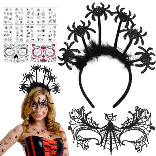 Halloween Haarreifen Spinnen, Fledermaus Kostüm Set, Spinnen Haarreifen mit 20 Temporäre Tattoo & 2 Halloween Gesichtstattoos, Venezianische Maske für Halloween Fasching Mottoparty Cosplay Party von Zkaoai