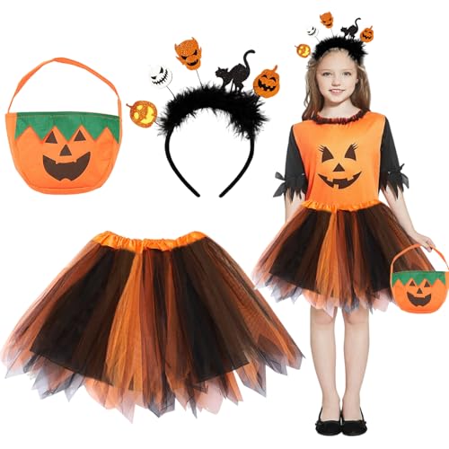 Hexenkostüm Kinder, Halloween Hexenkostüm Mädchen, Hexenrock Mädchen Tutu Rock Kürbis Tasche und Haarreif, Hexenkostüm, Halloween Kostüm Mädchen, Hexe Kostüm für Karneval Halloween Fasching Party von Zkaoai